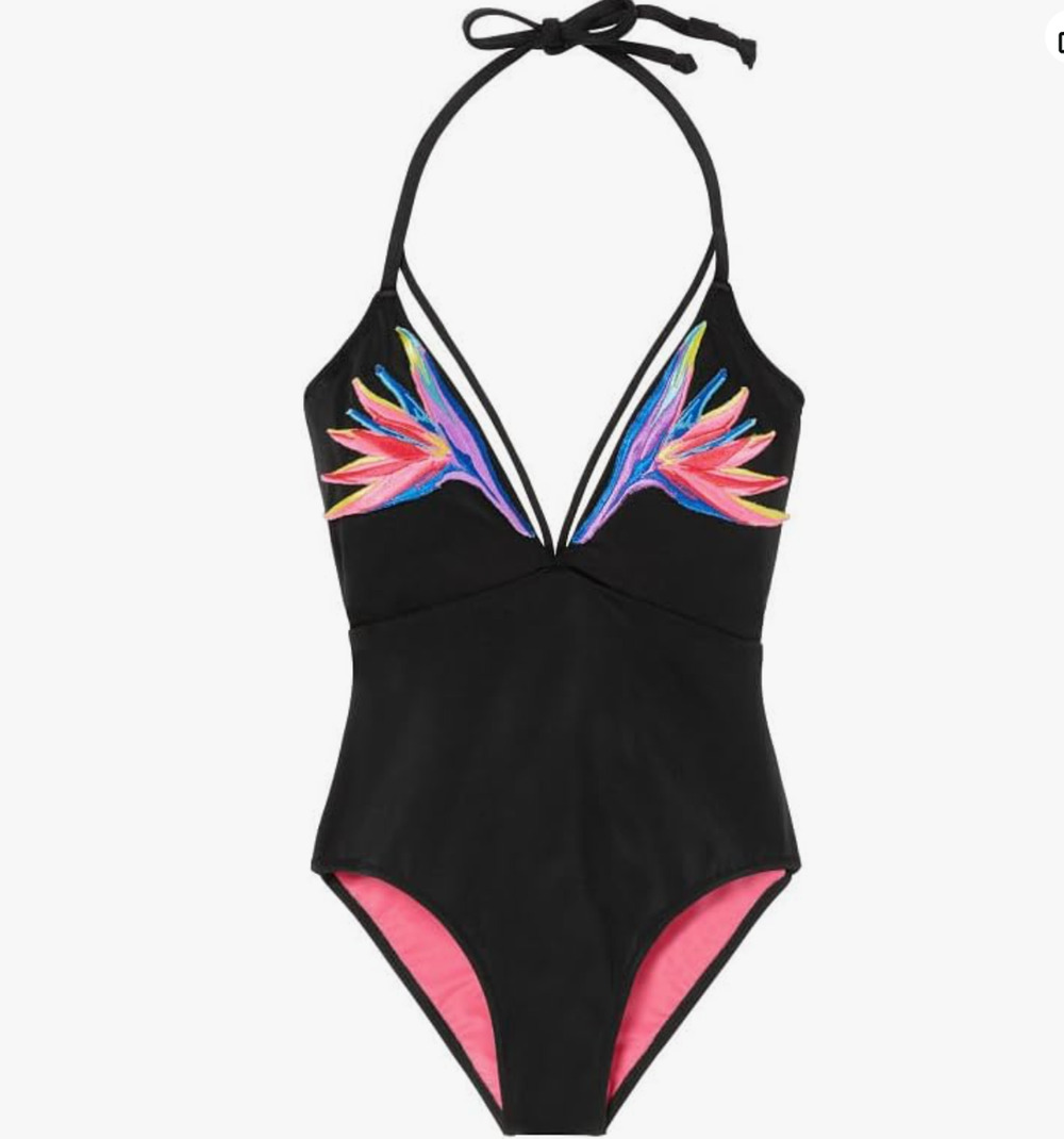 Victoria's Secret Pink Plunge One Piece Swimsuit Black Applique Floral M NWOT